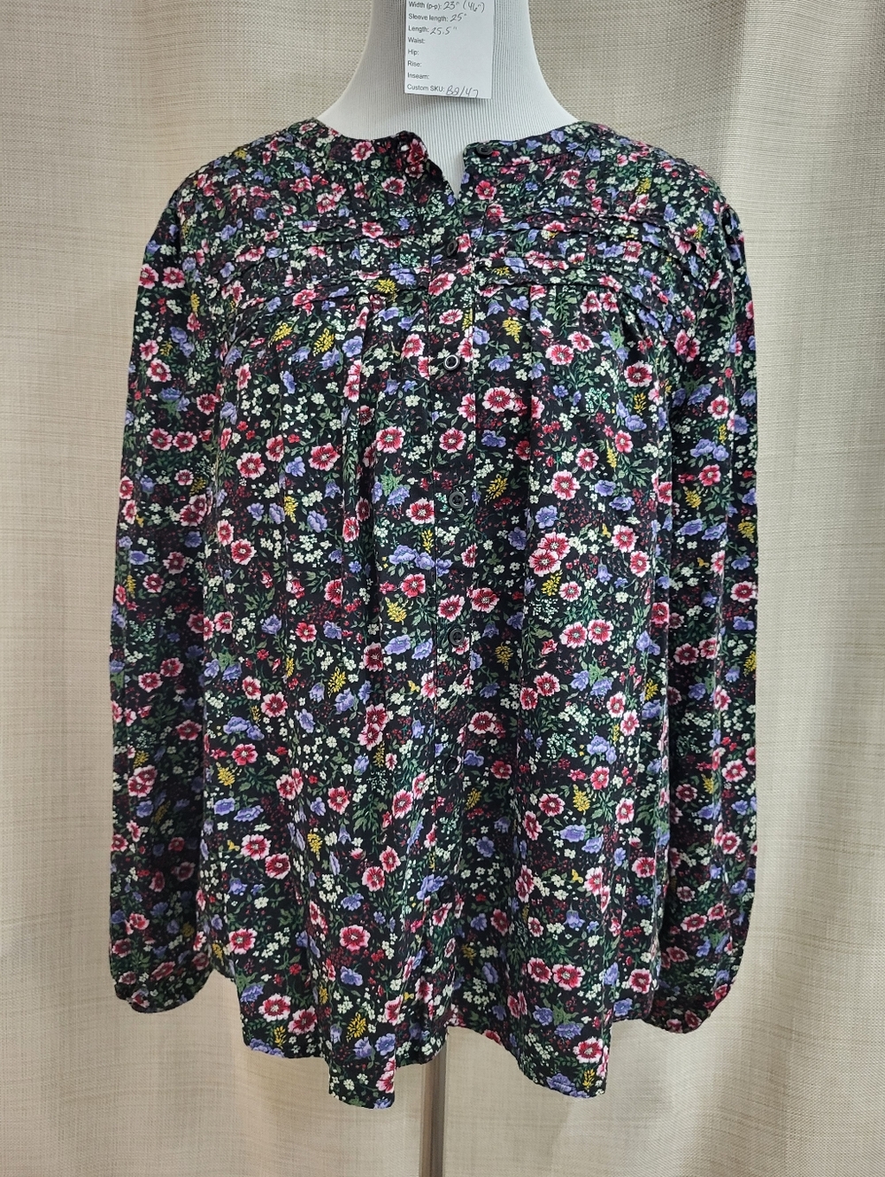 St Johns Bay Women's Button-up Blouse Long Sleeve Floral Black Pink Size Large